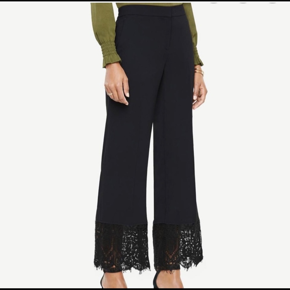 Navy Wide Leg Pants with Lace Hem